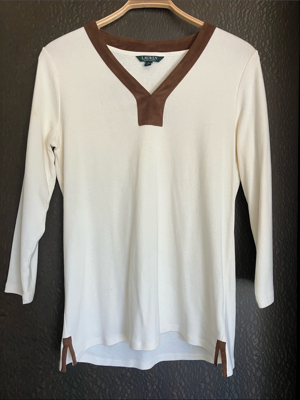 LAUREN RALPH LAUREN Cream Tunic Brown Faux Suede Trim V-Neck L/S Size L NWOT